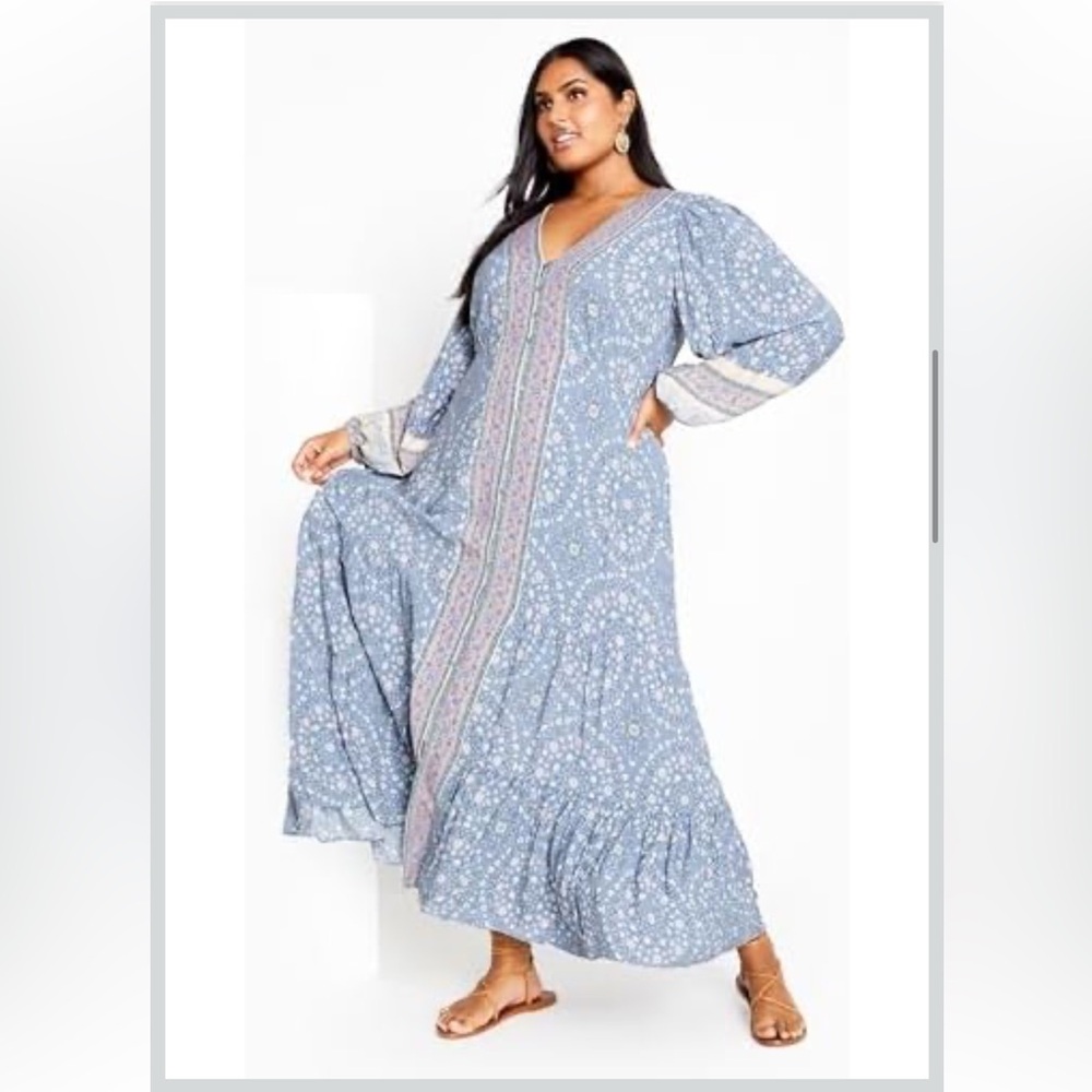 City Chic Clover Blue Ditzy Floral Maxi Tie Waist Lightweight Button Front Dress